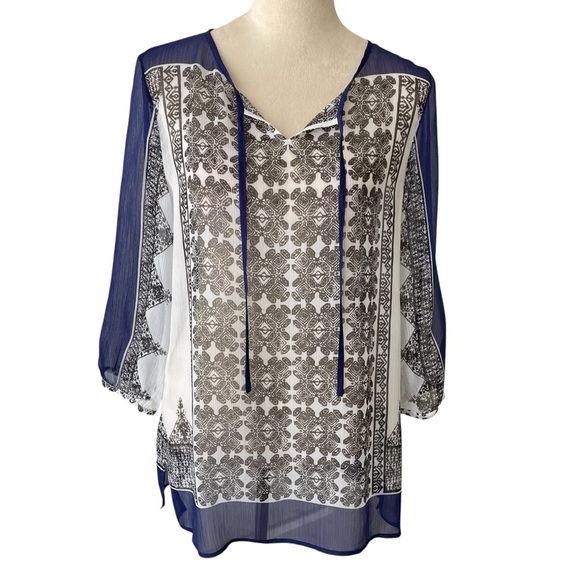 Chico’s Semi Sheer Boho Peasant Floral Blouse Navy White Print Women’s Size M - Picture 1 of 7